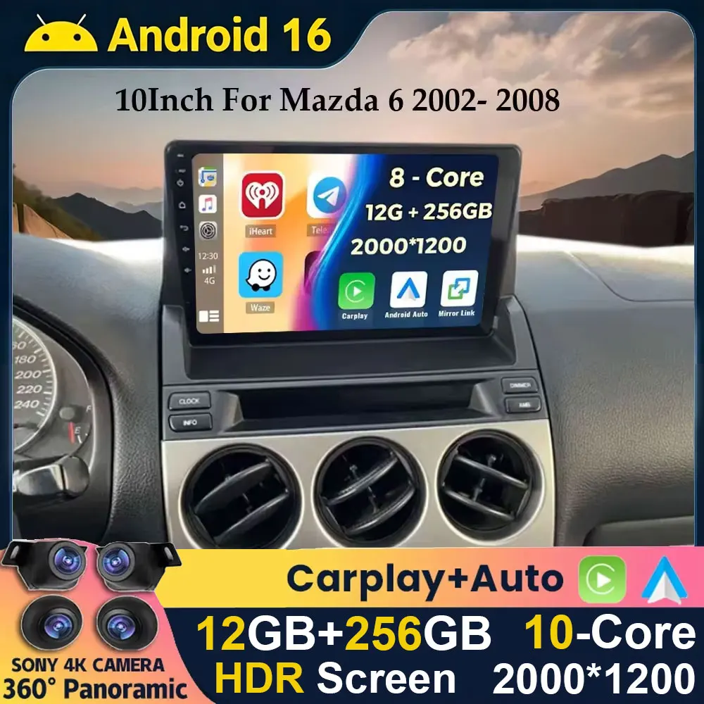 Android 16 Auto For Mazda 6 2002- 2008 Car Radio Stereo Multimedia GPS Video Navigation Carplay Bluetooth Mirror Liink Camera