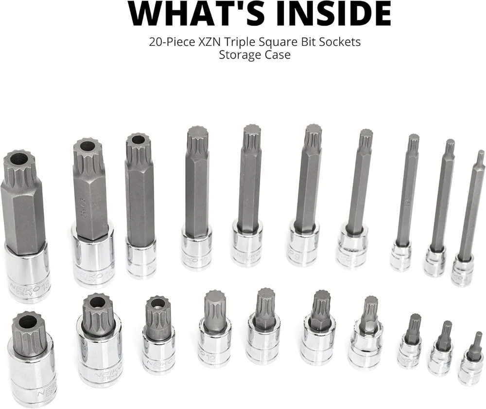 مجموعة لقم مربعة ثلاثية XZN مكونة من 20 قطعة، مقبس مفصل طويل جدًا 4 بوصات، 4 مم - 18 مم، S2 وفولاذ Cr-V