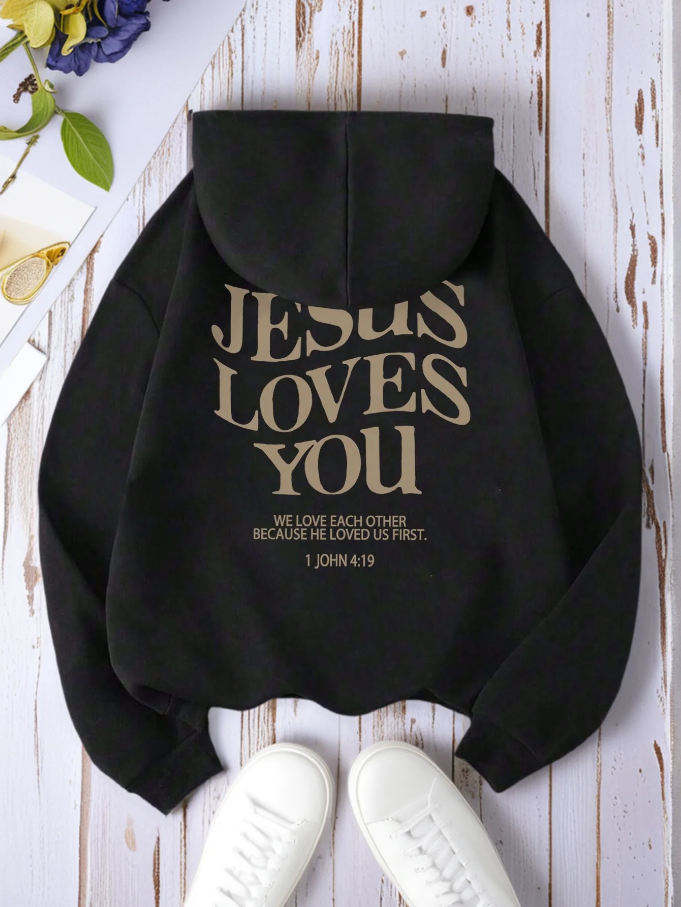 

Black Unisex Casual Graphic Print Hoodie with Inspirational Quote, Warm Lined for Autumn Winter