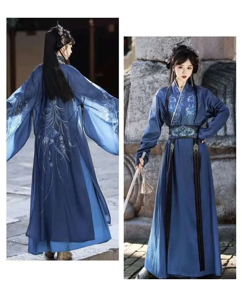 2026 Upgraded Blue Hanfu Men Women Traditional Chinese Printing Large Sleeve Clothing Halloween Event Wuxia Cosplay Costume Han