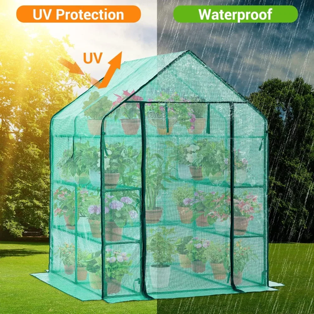 

4 Tier 11 Shelf Walk-in Greenhouse with Screen Windows PE Cover Outdoor Garden Plant House with Ground Pegs Ropes for