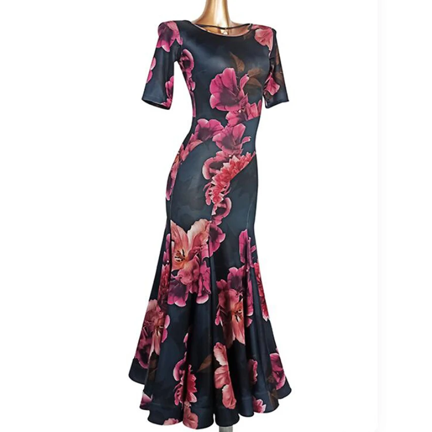 Modern Dancewear Female Adult Elegant Flower Print Ballroom Dance Dresses Midi Sleeve Foxtrot Women Stage Waltz Long Dress