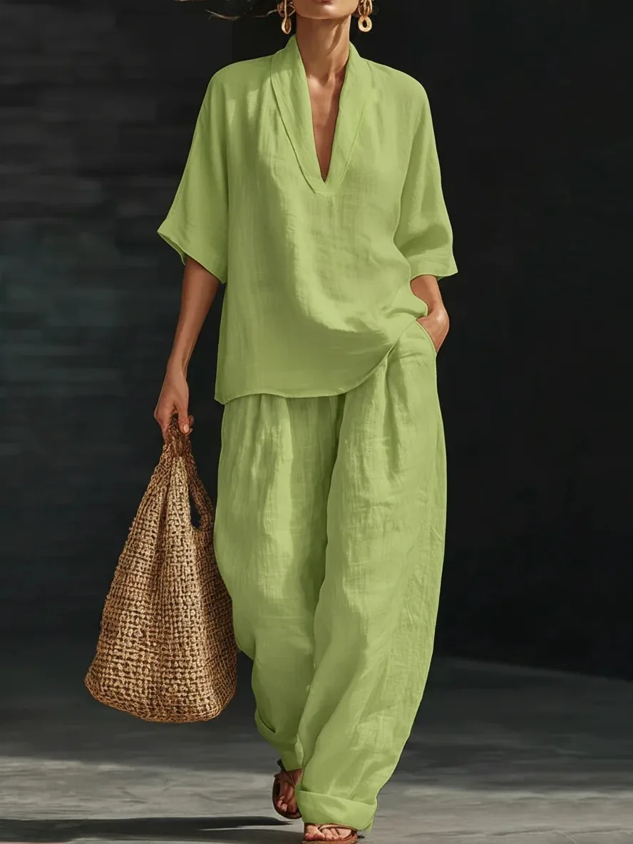 2026 New Women's Fashion 2-Piece Suit Cotton Linen Button Stand Collar Short Sleeves Tops Wide Leg Pants Casual Wear Female Set