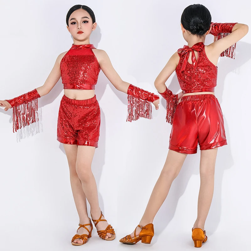 

Танцевальный костюм с блестками для девочек, детский костюм для латинских и джазовых танцев, сценический наряд, укороченный топ + брюки + рукава, комплект одежды для латинских танцев