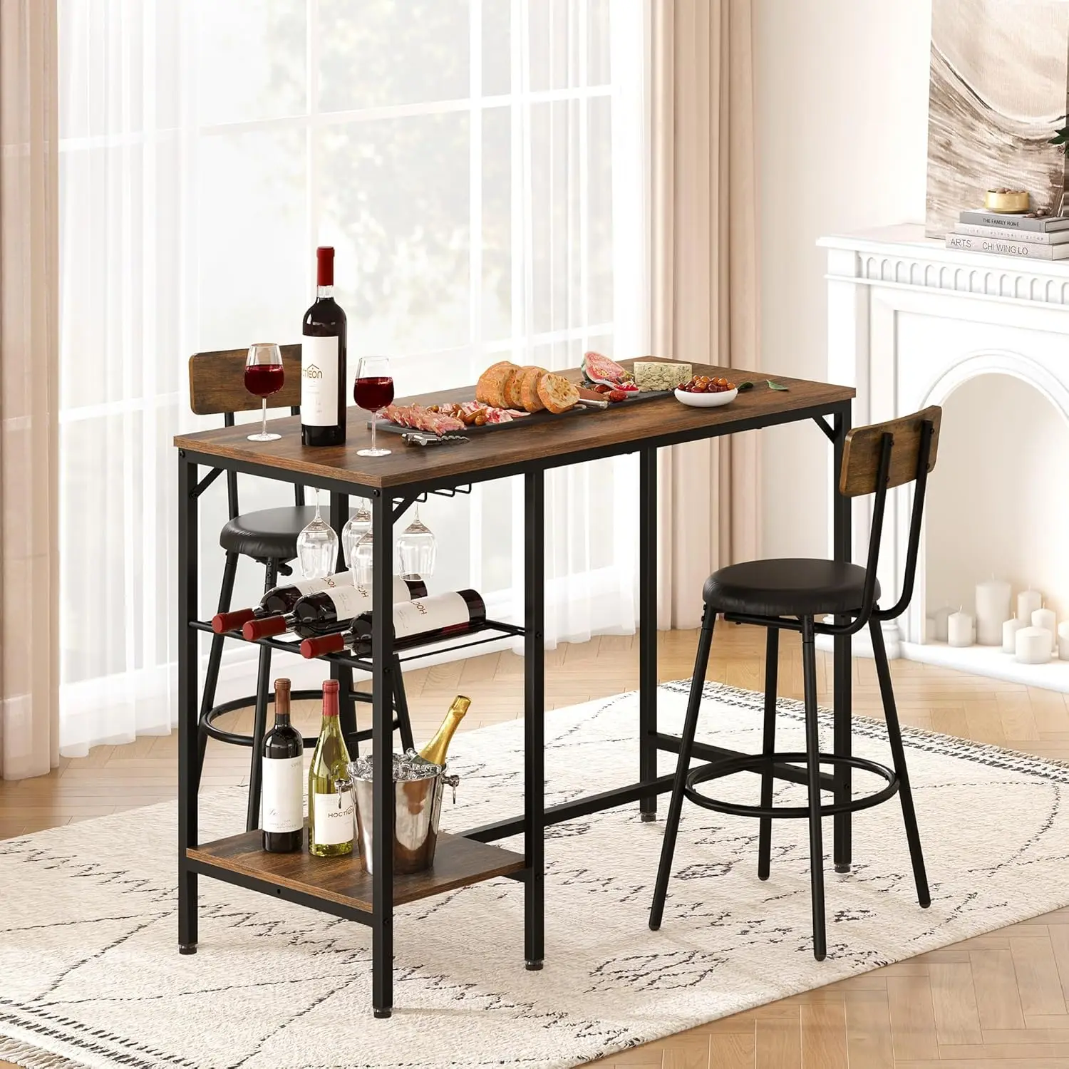 

Bar Table And Chairs Set For 2, Dining Table Set, 39.3” Small High Top Kitchen Table, With 2 Bar Stools, ﻿With Wine Cabinet 2