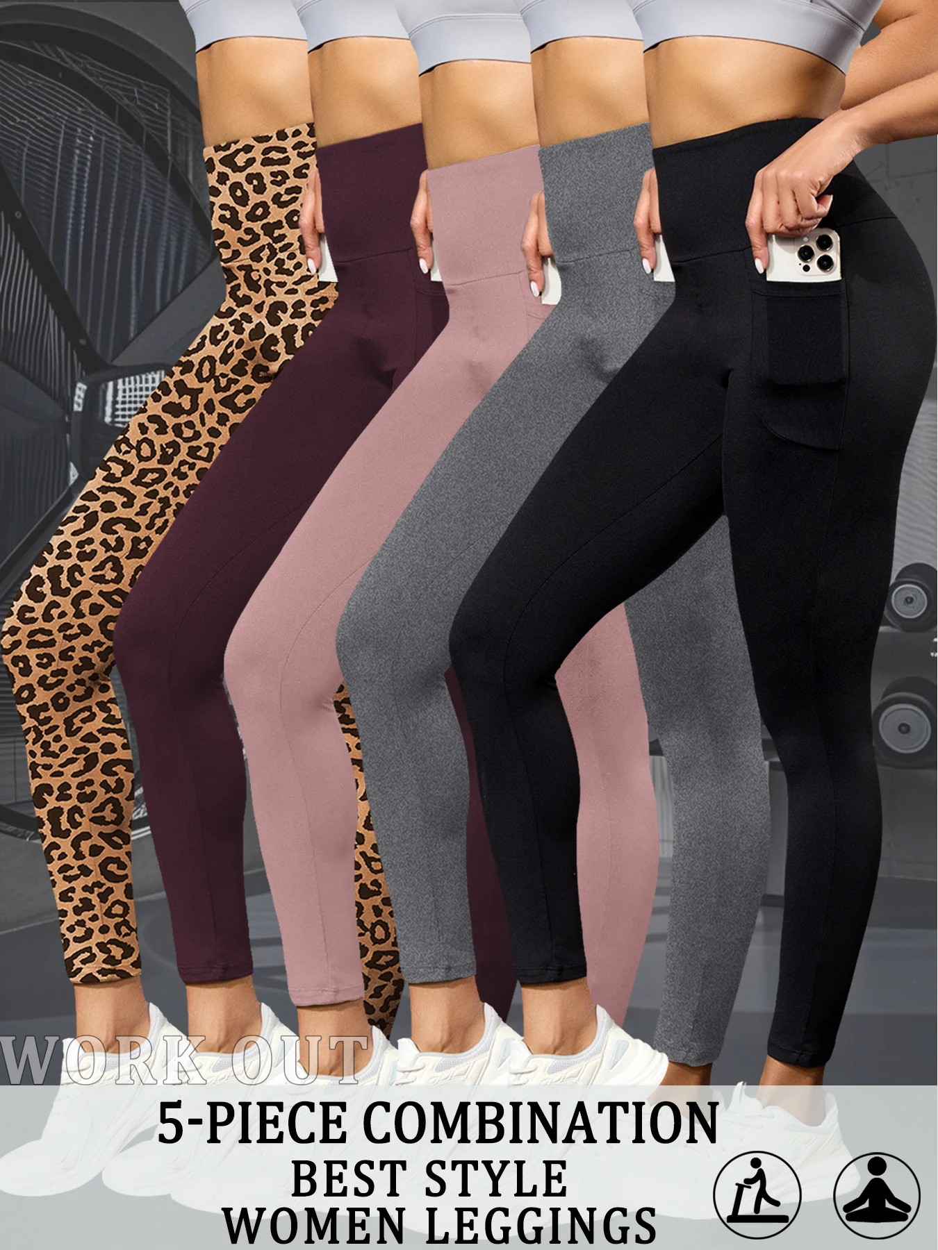 

5 Pack Super Soft Sports Leggings With Pockets For Women High Waisted Workout Yoga Running Tight Pants Push Up Gym Fitness