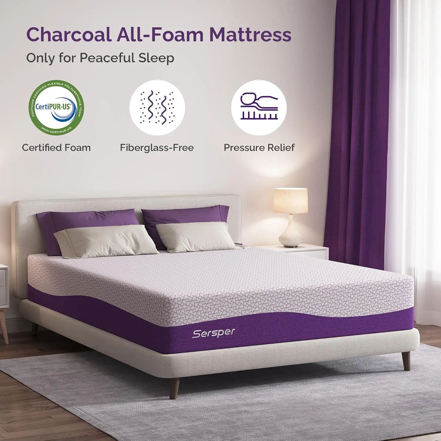 Matelas Queen en Mousse à Mémoire de Forme, au Charbon de Bambou, 14 Pouces, pour un Sommeil Froid et des Instituts de Pression, FiViolet Libre, CertifiPUR, US C