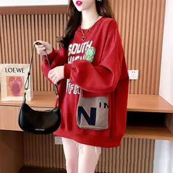 Vintage Fashion Loose T-Shirts Printing O-neck Long Sleeve Pullovers Sweatshirts Streetwear Autumn Winter Thin Women's Clothing