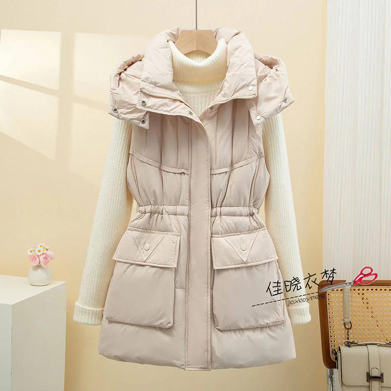 

2026 Fall Winter New Hooded Vest Mid Length Waistcoat Thick Warm Casual Outwear Fashion Slim Drawstring Waist Pocketed Outerwear