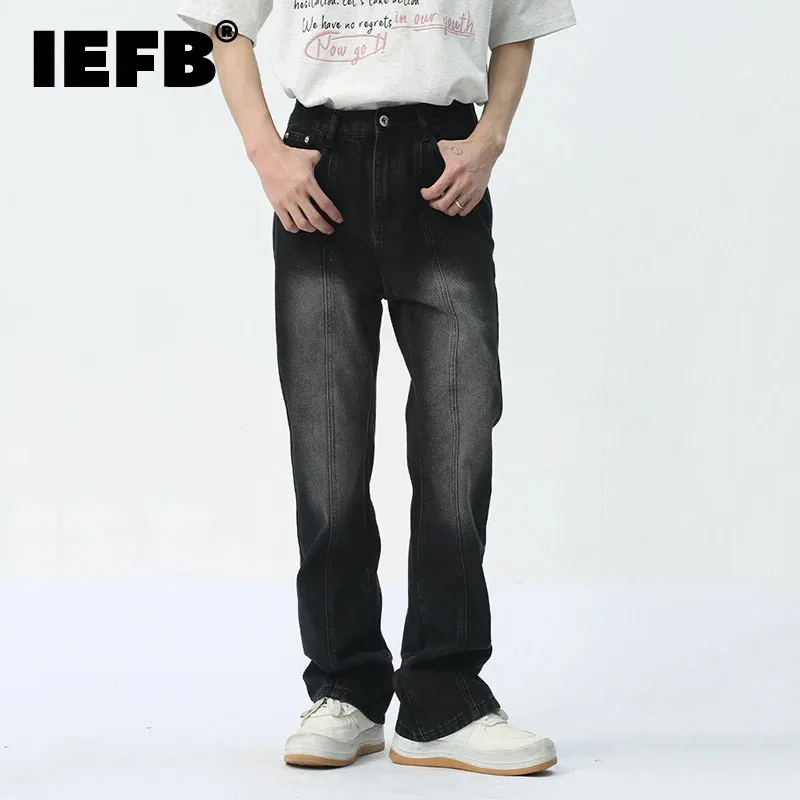 

IEFB New Jeans High Street Washed Gradient Bootcut Pants Pocket Zipper 2024 Fashion Summer Men's Wide Leg Trousers Loose 9C5406
