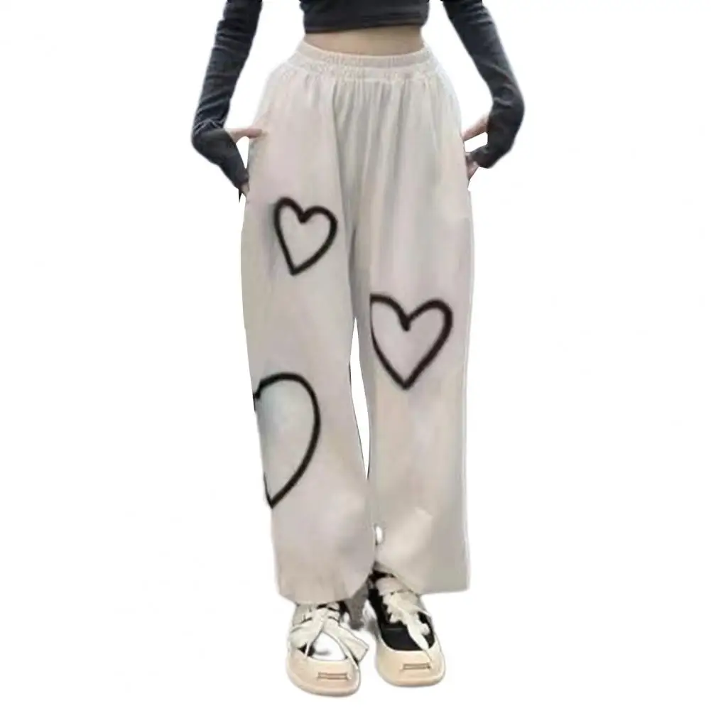 Women High-waist Pants Heart Print Wide Leg Trousers for Women High Waist Sweatpants Stylish Slacks for Ladies Fashionable