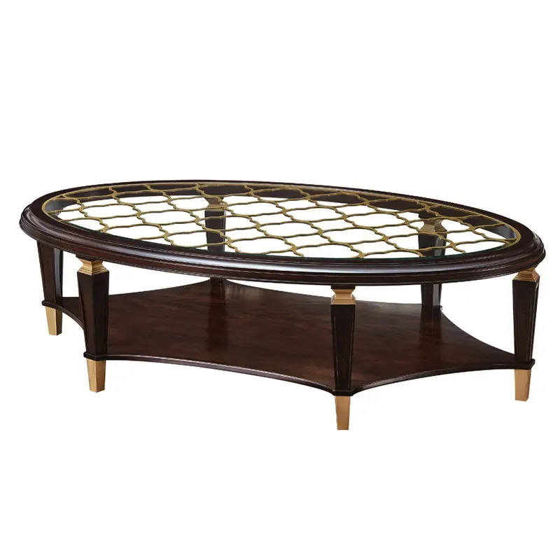 

American light luxury solid wood glass coffee table oval living room tea table