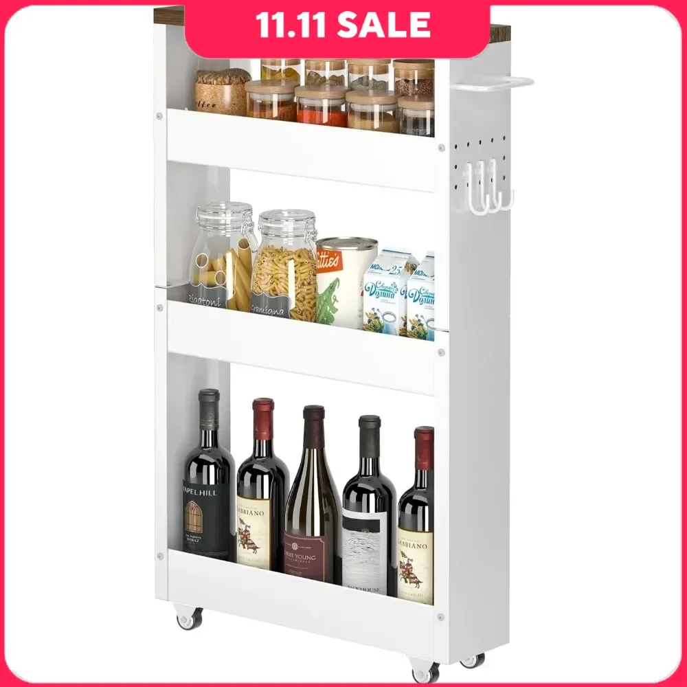 Kitchen Pantry Cabinet, 4-Tier Kitchens Rolling Cart Narrow Storage Cabinet with Handle & Wood Top, Kitchen Cabinet