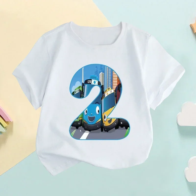 Tayo the Little Bus Cartoon Number Bow Kids T shirt Girls Clothes 1 2 3 4 5 6 7 8 9 Years Birthday Baby Boys T-Shirts,HKP2766
