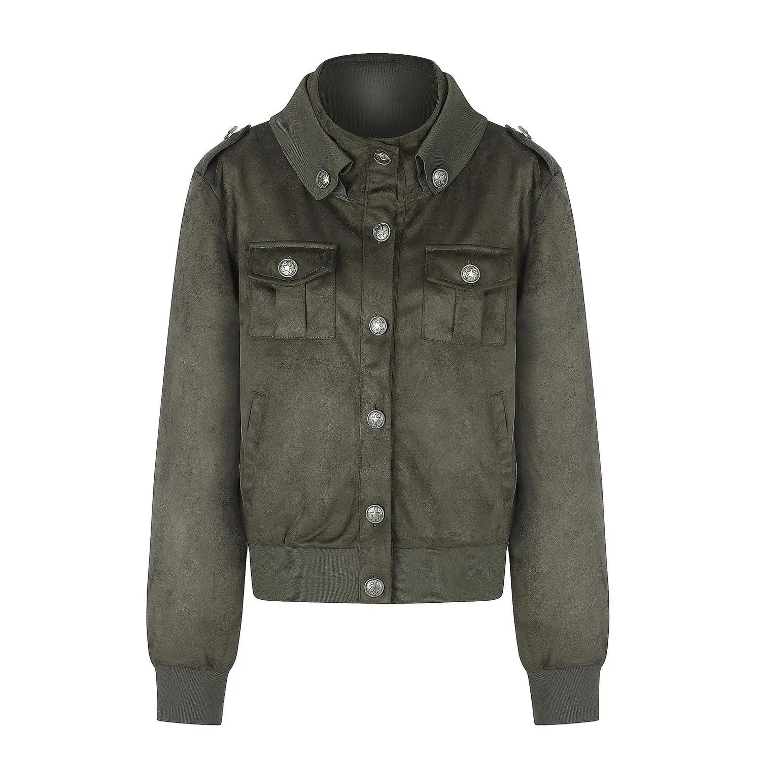 American Stand-up Collar Suede Tooling Jacket Women's 2026 Autumn Retro Epaulettes Waist Short Jacket Casual Top