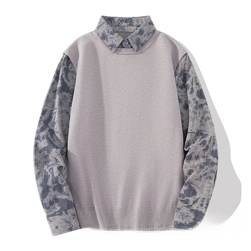 

Мужской повседневный вязаный свитер на осень-зиму, имитация двухслойности с воротником-рубашкой, новинка, из полиэфирного волокна, немнущийся