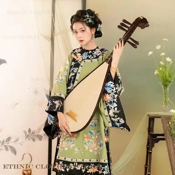 Retro Chinese Hanfu Dress Luxury Women Qing Dynasty Flower Printing Qipao Stage Costumes Clothes Traditional Cheongsam Cospaly