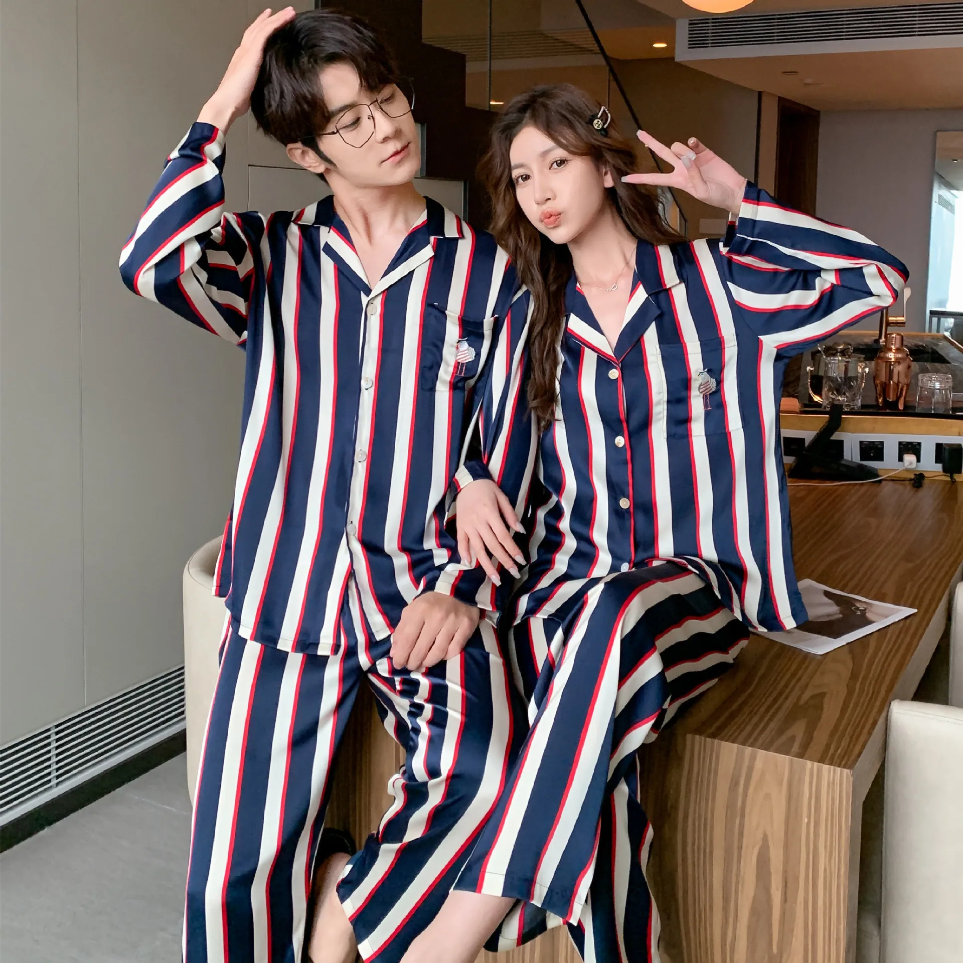 Fashion Design Pajamas Suit Women Men Ice Silk Long Sleeves Home Colth Couples Satin Thin Sleepwear Set Cool Summer Male Female