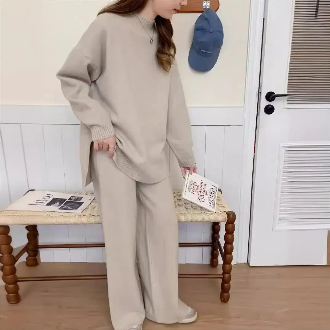 Two Piece Sets Muslim Knitting Outfits Women Split Sweater Pullover Knitted Wide Leg Pants Suit Knitwear Ensemble Casual