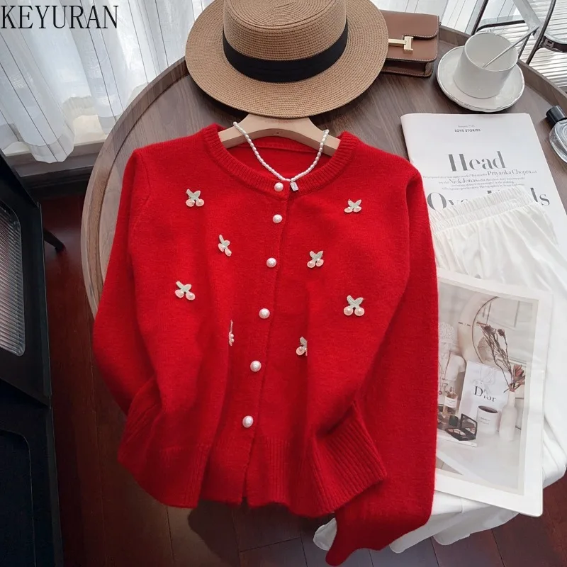 Sweet Embroidery Cherry Pearls Beading Women\'s Sweater Coat Autumn Winter Vintage O-Neck Long Sleeve Knitted Cardigan Mujer Tops