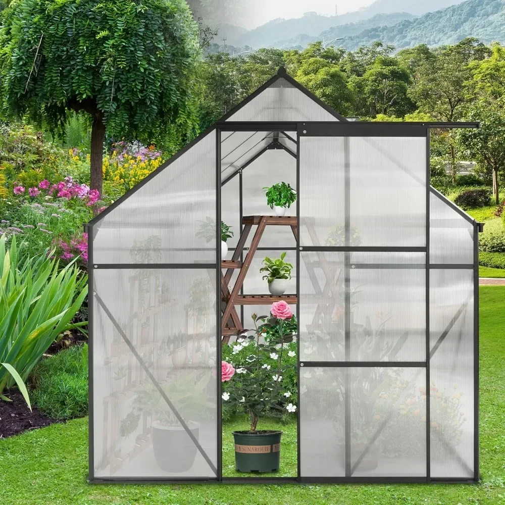 6x8 FT Outdoor Patio Greenhouse, Adjustable Roof Vent and Rain Gutter for Plants, Clear Polycarbonate Panels Greenhouse