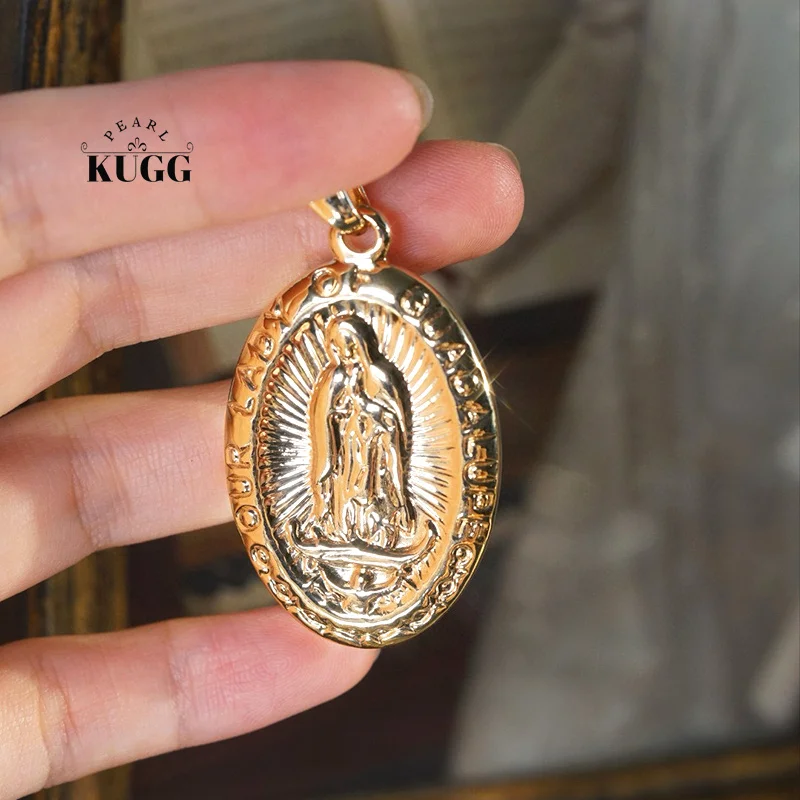 

KUGG 100% 18K Yellow Gold Necklace Elegant Vintage Style Our Lady of Guadalupe Shape Pendant Luck Necklace for Women