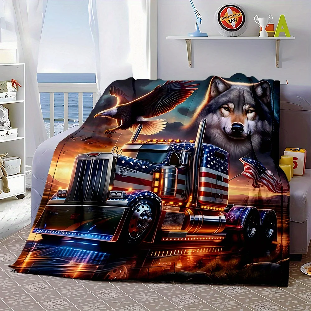 Heavy Duty American Truck Wolf Flag Throw Blanket for Men Car Enthusiast Diesel Gift Home Decor