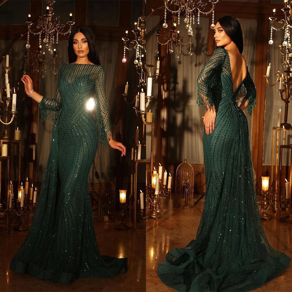 Robe de soirée élégante à manches longues, col haut, paillettes Sexy, en dentelle, dos nu, robe de bal de célébrité, sur mesure