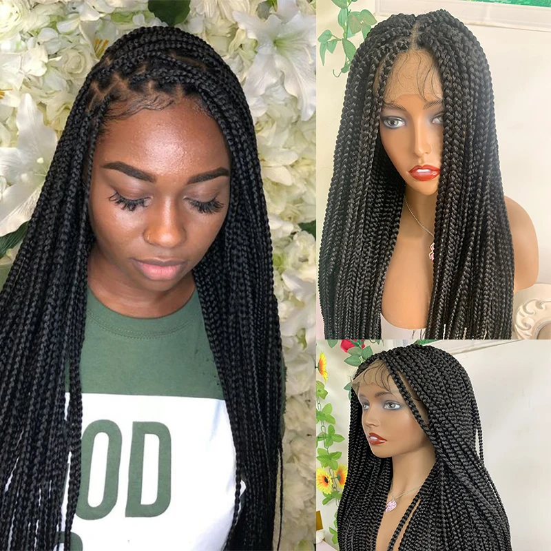 

Natural Black Ponytail 34 inch Long Braid Transparent Lace Wigs Hand Braided Box Braid Full Lace Wig For Women With Baby Hair