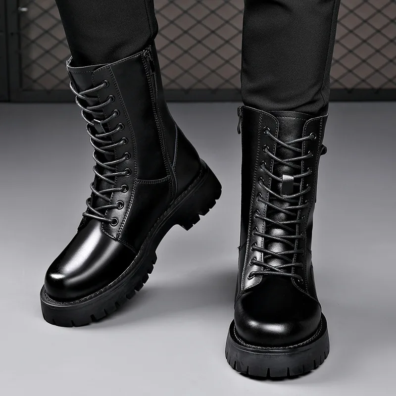 men's fashion high motorcycle boots autumn winter shoes lace-up genuine leather platform boot brand designer long knight botas image 2