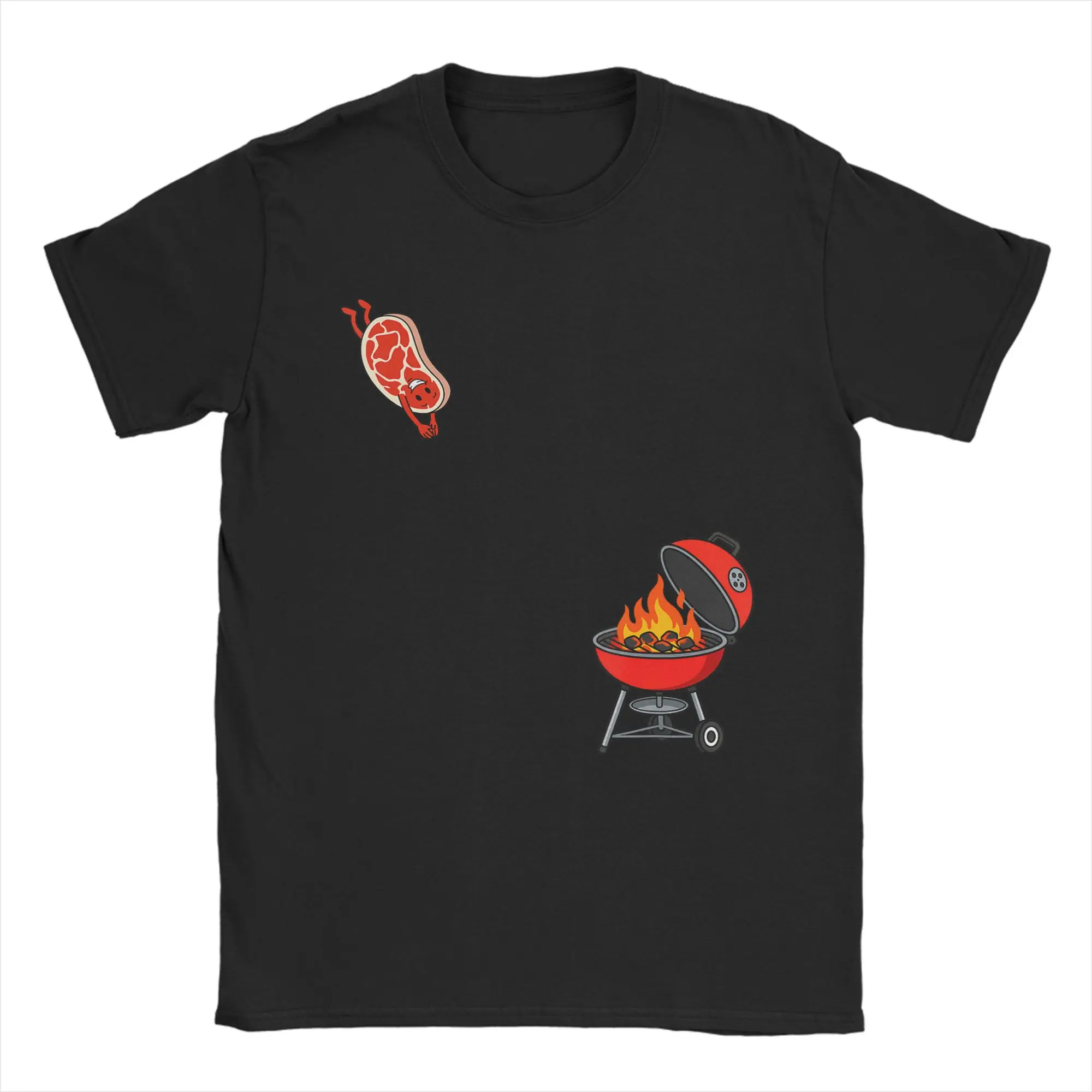 BBQ Steak Meme Cute Meat Jumping Into Grill T-Shirt Men  Funny Pure Cotton Tee Shirt O Neck Short Sleeve T Shirts Plus Size Tops