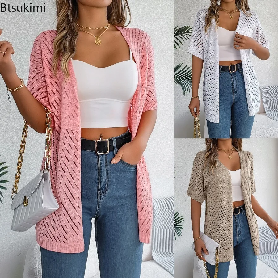 

2025 Women's Spring Summer Hollow Knitted Cardigan Solid Color Short Sleeve Sunscreen Shirt Fashion Leisure Vacation Clothing