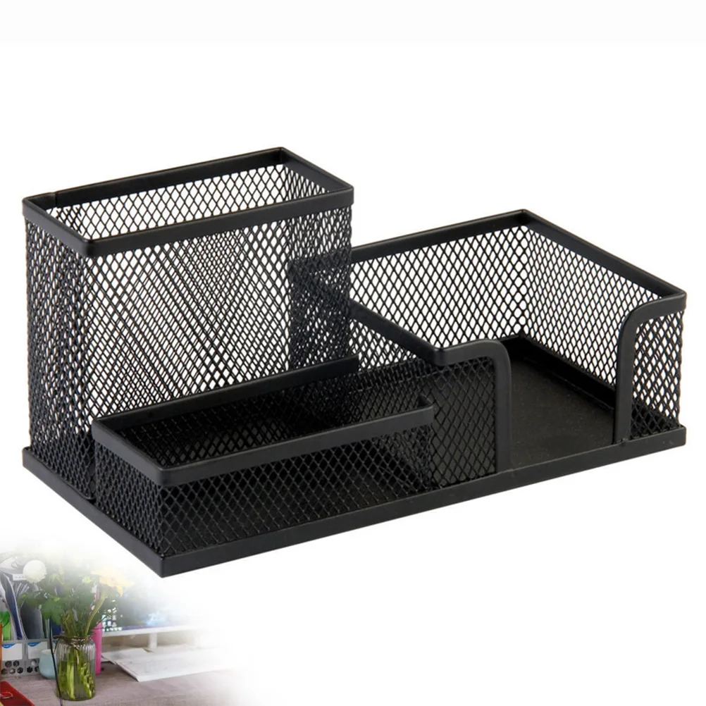 

3-in-1 Deask Storage Box Multifunctional Square-shaped Metal Mesh Pen Holder Pen Pencil Container (Black)