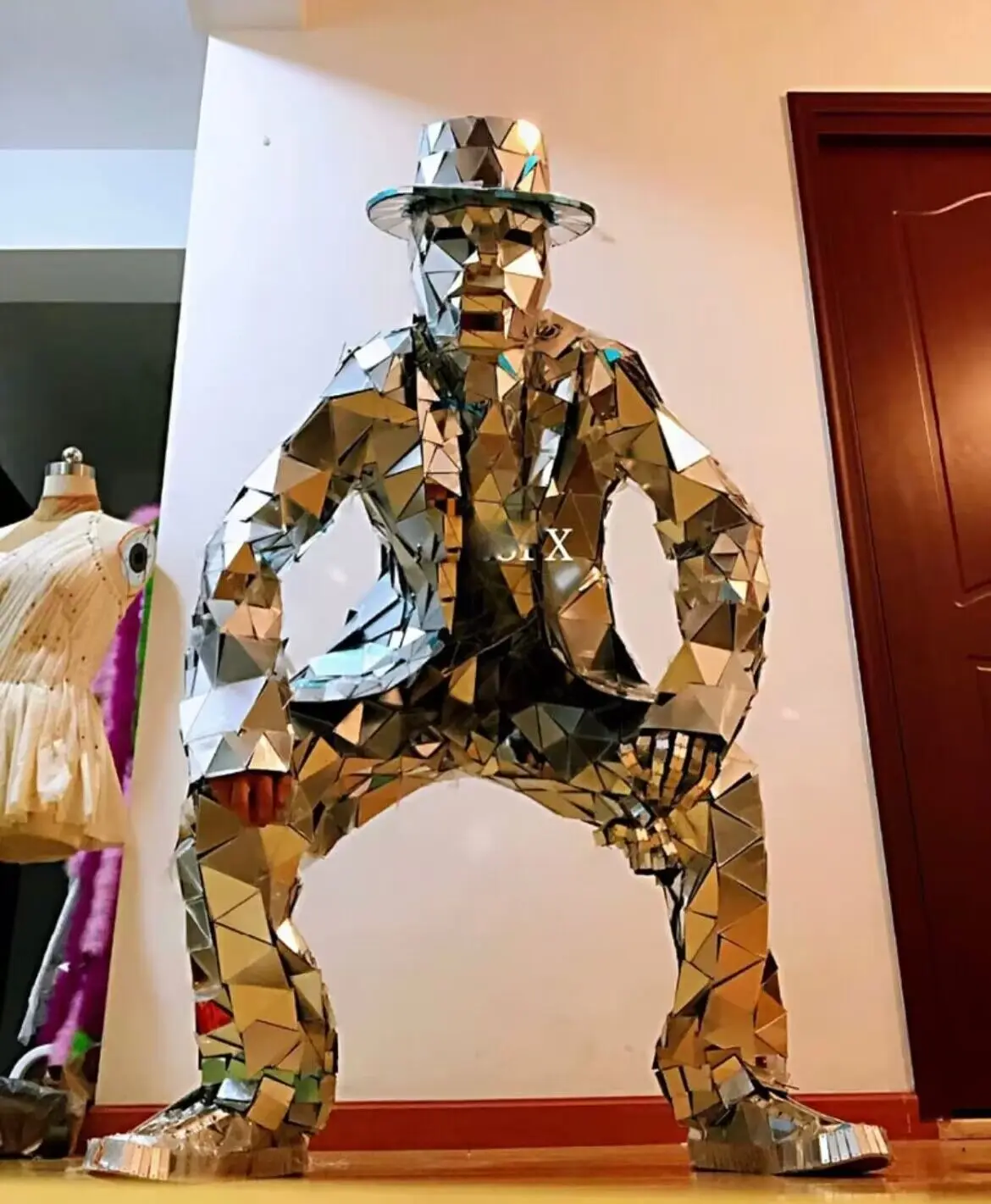 Traje de dança com espelho prateado para homem, cosplay para o desempenho do casamento, terno robô para clube e passarela, casaco de vidro espelho, DJ Outfit, BV12