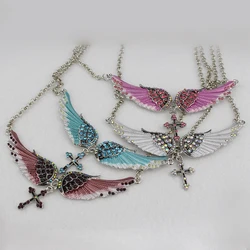Fashion Blue White Pink Charm Crystal Angel Wings Cross Pendant Necklace Shellhard Vintage Jewelry For Women Bridal Wedding Gift