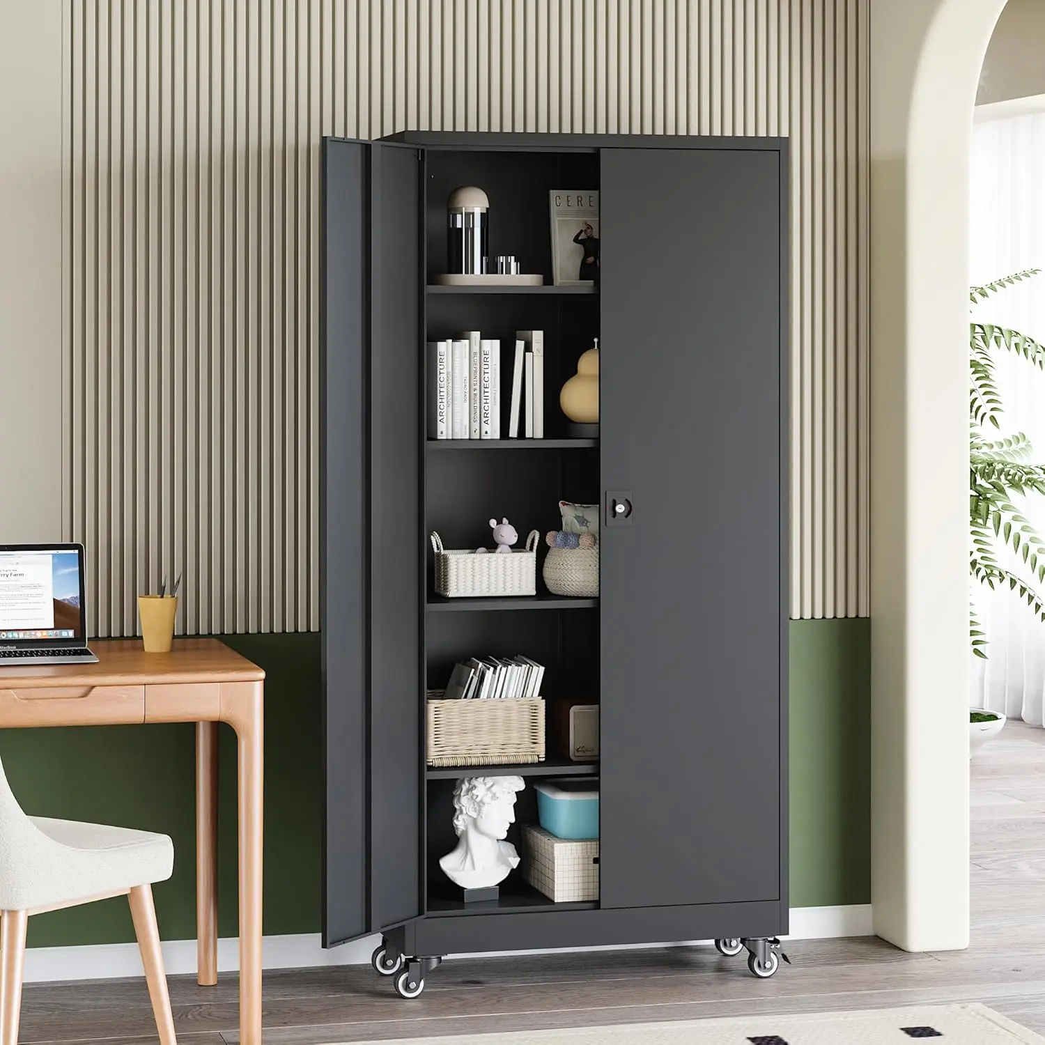 73' Black Locking Tool Cabinet with Wheels, 2 Doors, 4 Shelves, Heavy Duty Garage Storage