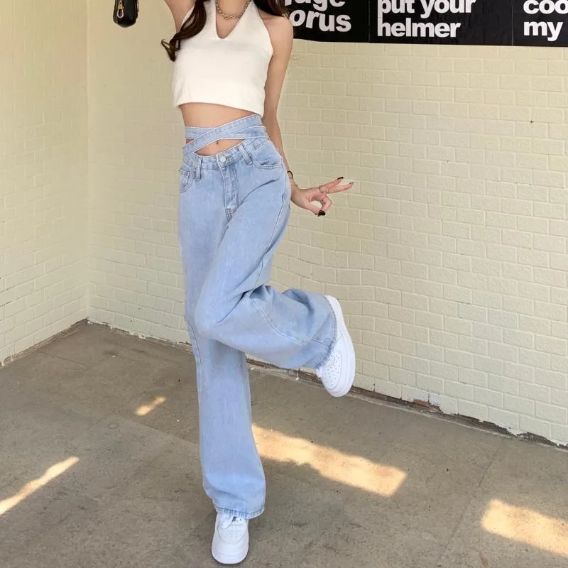 زر سستة عالية الخصر بلون المألوف عالية الخصر حزام الجينز المرأة فضفاضة واسعة الساق السراويل مستقيم بنطلون