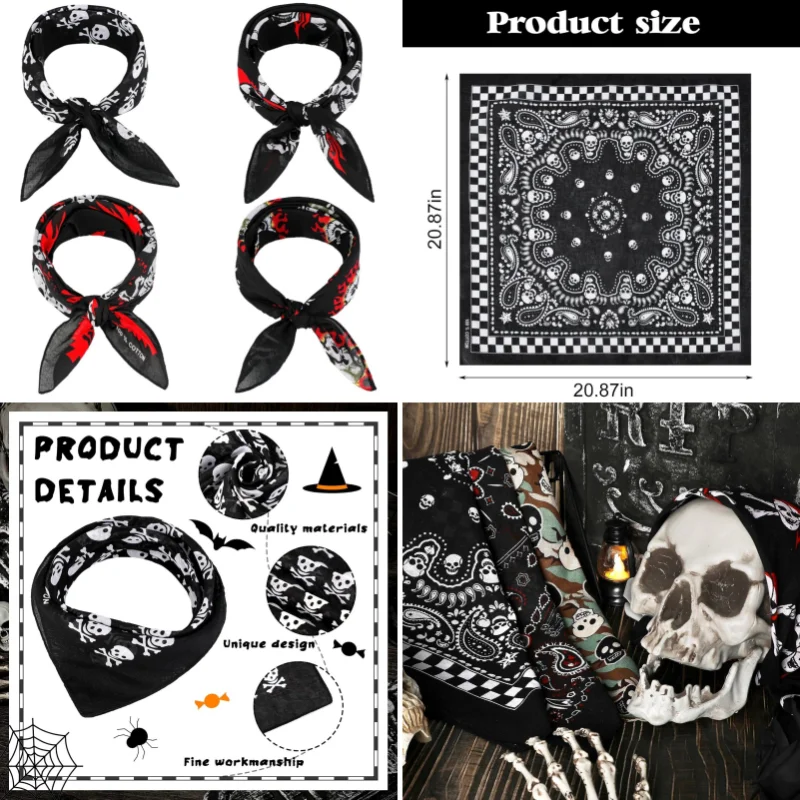 Bandana multifuncional de calavera pirata para Halloween, pañuelo cuadrado de algodón de Hip Hop, cubierta de cara deportiva, pañuelo para el cuello