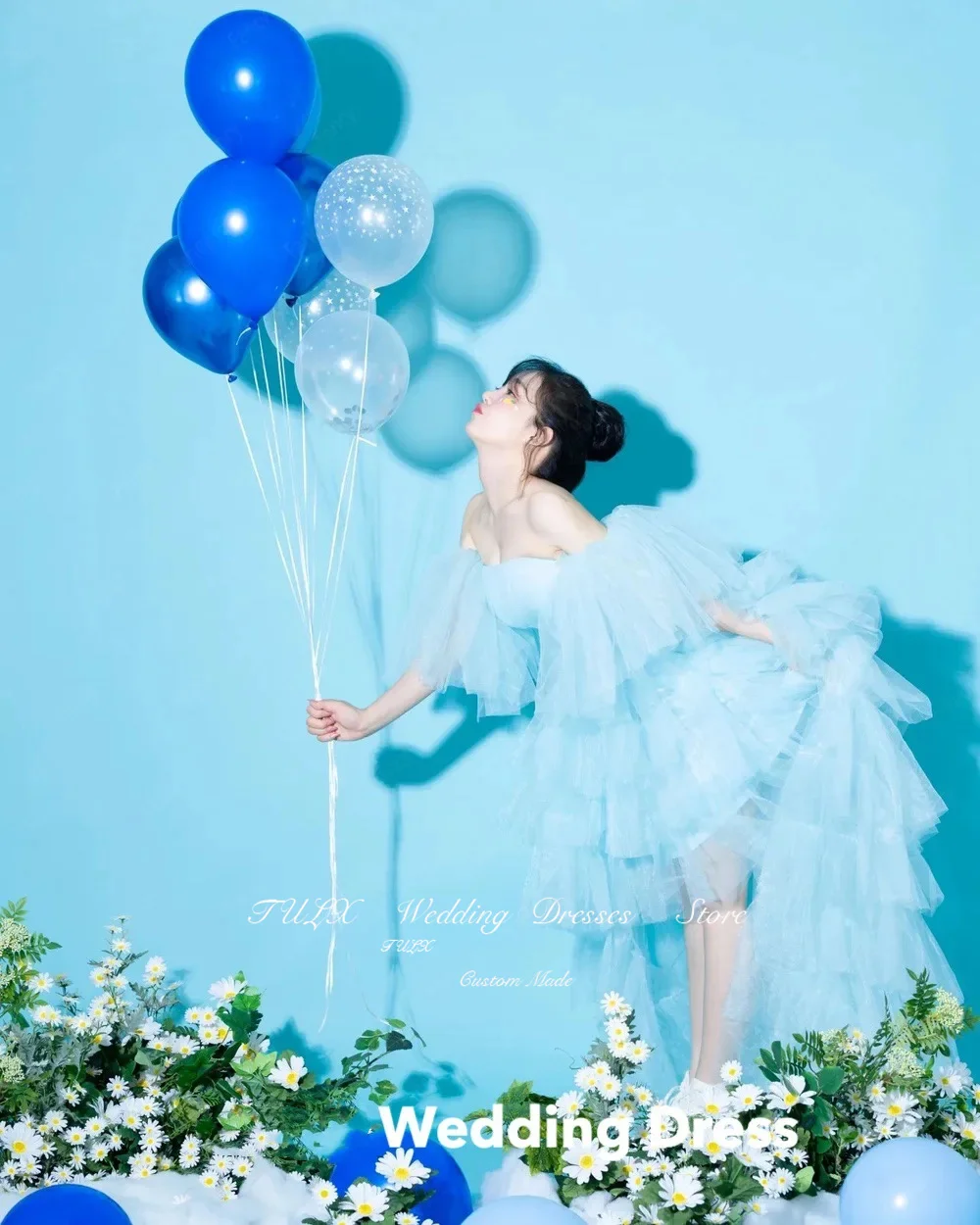 TULX Fee Blauwe Off Schouder Trouwjurk Korea Fotoshoot Bladerdeeg Mouw Bruidsjurk Een Lijn Verjaardagsfeestje Jurk Aangepaste 2025