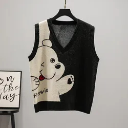 #3924 Black Cartoon Knitted Vest Women V-neck Sleeveless Sweater Vest Female Slim Korean Style Knitwear Vest Pullover Autumn