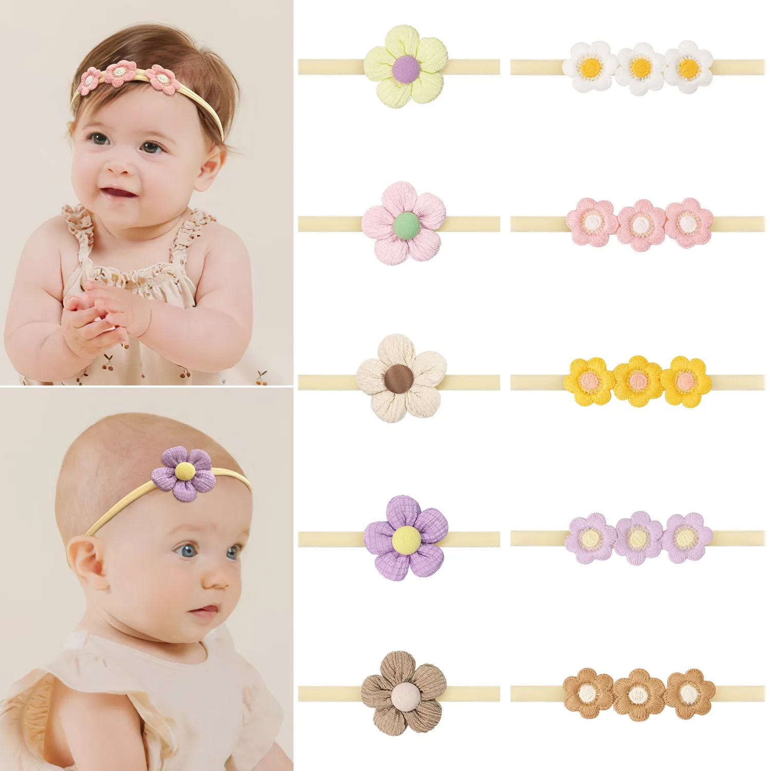 

10-Pack Kids Floral Hairbands - Soft Nylon Non-Pressure Daily Wear Headbands 10 Styles for Baby Girls Outfit Cute Styling