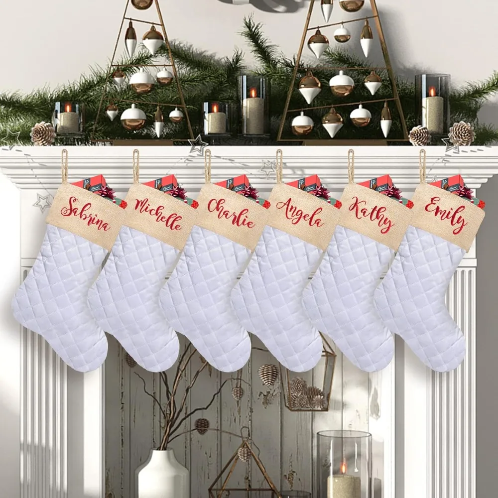 Personalized Christmas Stockings Set of 6 Cotton Quilted Large Luxury Burlap Embroidered Christmas Stocking