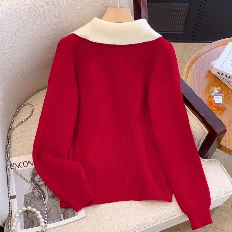 Loose Sweater Women Korean Fashion Ladies Tops 2024 Women Red V-neck Fake Two Piece Knitted Sweater Autumn Winter Women Clothing