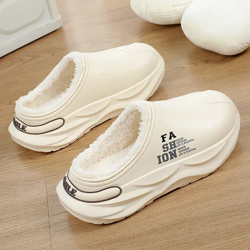 Sepatu Pria Sepatu Hangat Musim Dingin Lapisan Bulu Sandal Kapas Dalam Ruangan Pasangan Platform Sepatu Dapur Luar Ruangan Sandal Rumah Tahan Air