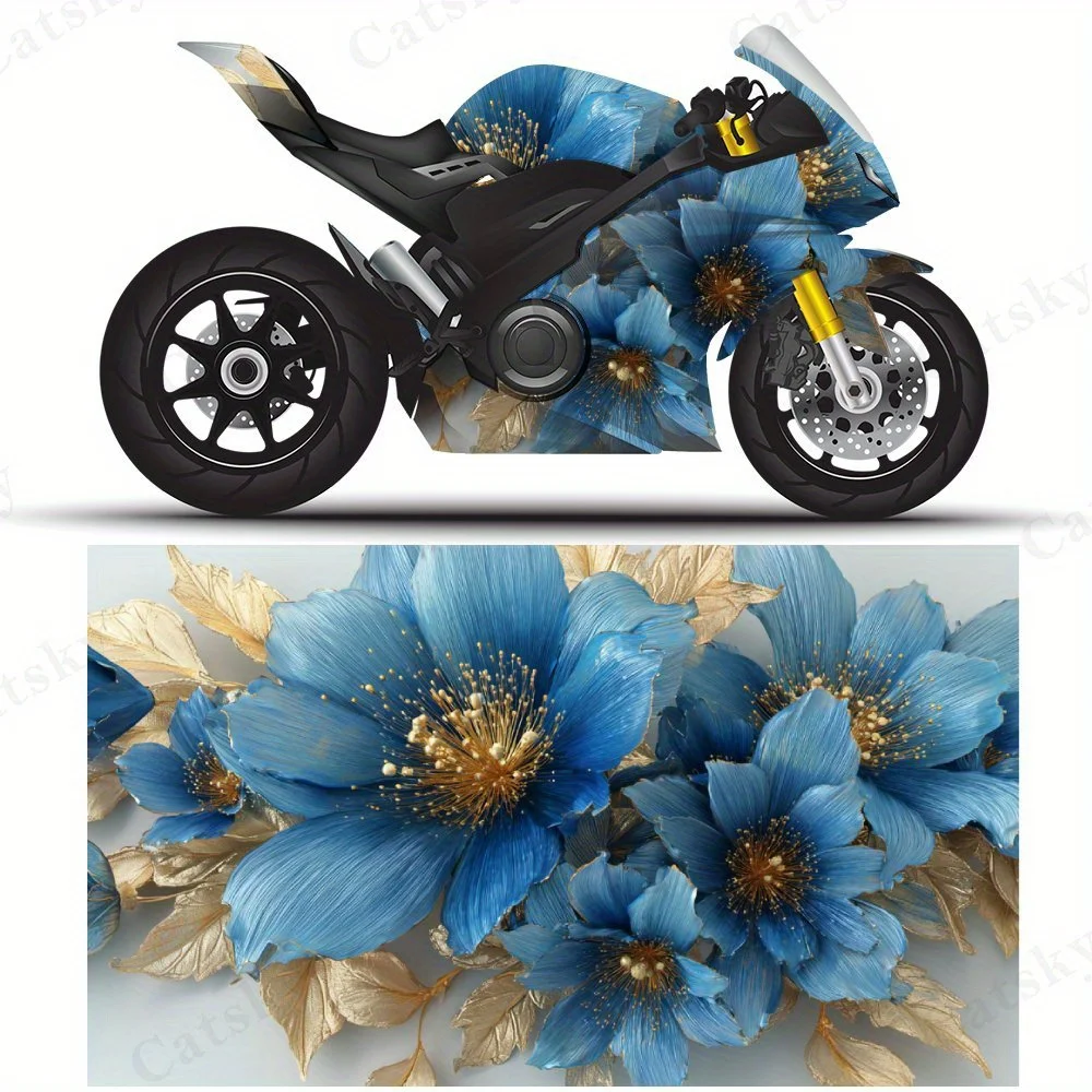 

Синие цветы с золотыми листьями, наклейки на мотоциклетную пленку, прочные клейкие наклейки из ПВХ для индивидуальной настройки мотоцикла, Weather-Resi