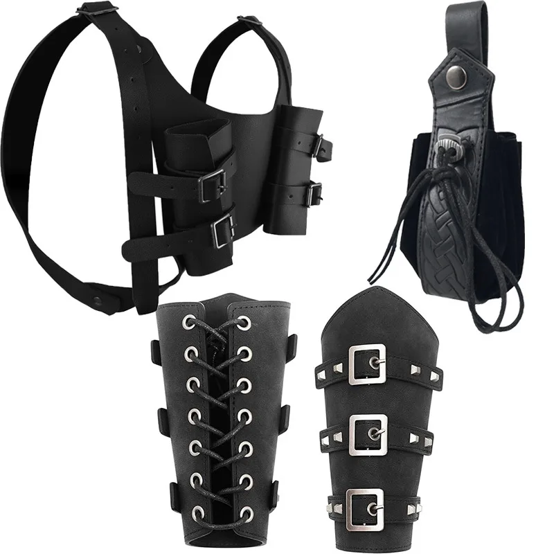 Verstellbare mittelalterliche Retro-Krieger-Lederarmstulpen, doppelseitige Schwertscheide, geprägte Hüfttasche, 3-teiliges Set, Party-Cosplay-Requisiten