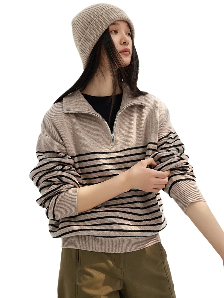 Slack Casual Blogger Wind~ Zipper Semi-Open Naval Collar Striped Thickened Pure Wool Knitted Sweater Women's Winter