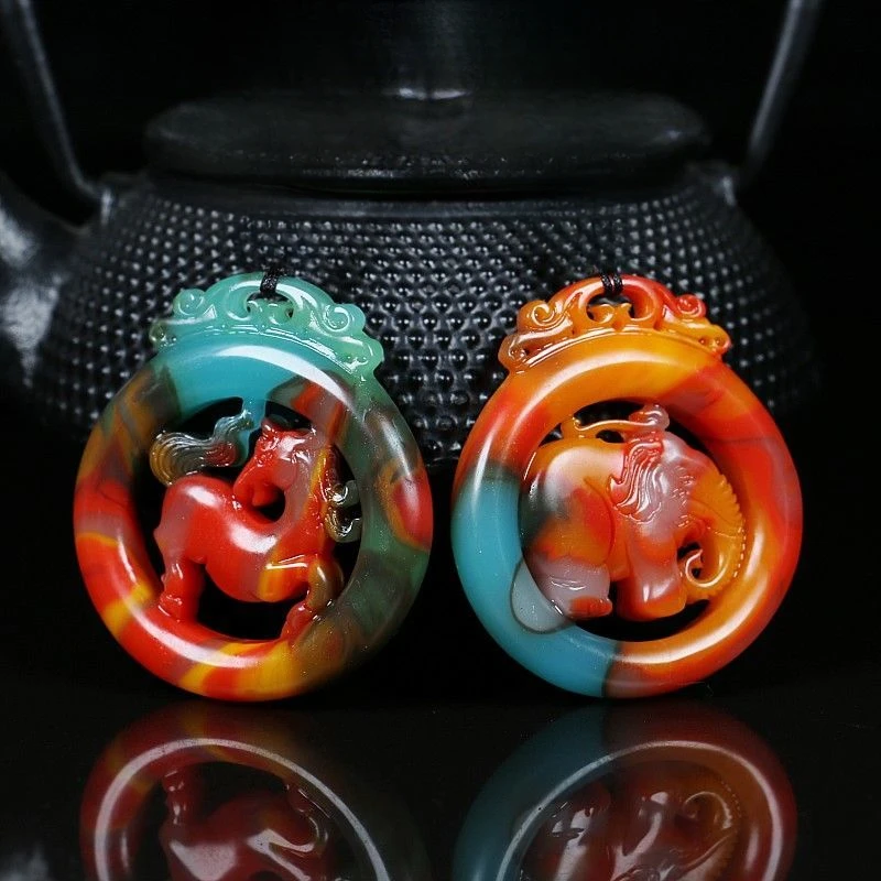 Colorful Stone Auspicious Ruyi Hollow Pendant for Men and Women