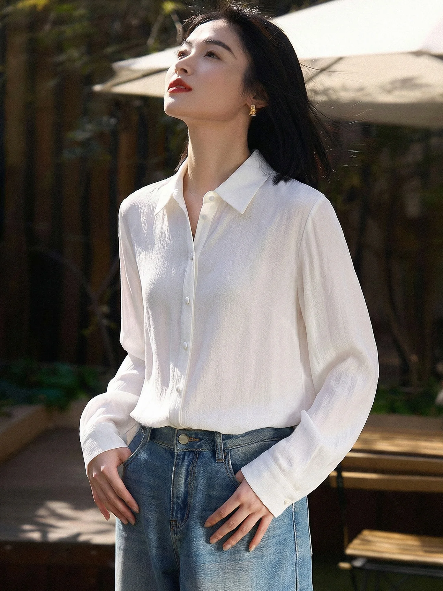 

Slimming Effect Long Sve Cotton irt Women's Loose Fit Textured Feel Spring Commute Sle Straight Cut Simple Design