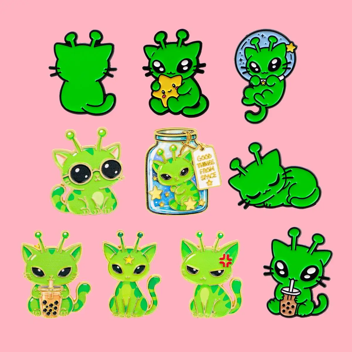 Cartoon Space Alien Cat Brooch Green Kitten Metal Enamel Pins Badge on Backpack Clothing Accessories Jewelry Gift for Friends